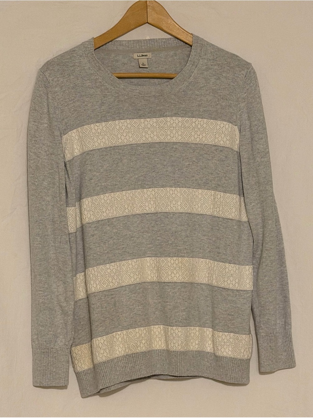 L.L. Bean Women's Grey and White Striped Crewneck Knit Sweater with Lace Detail